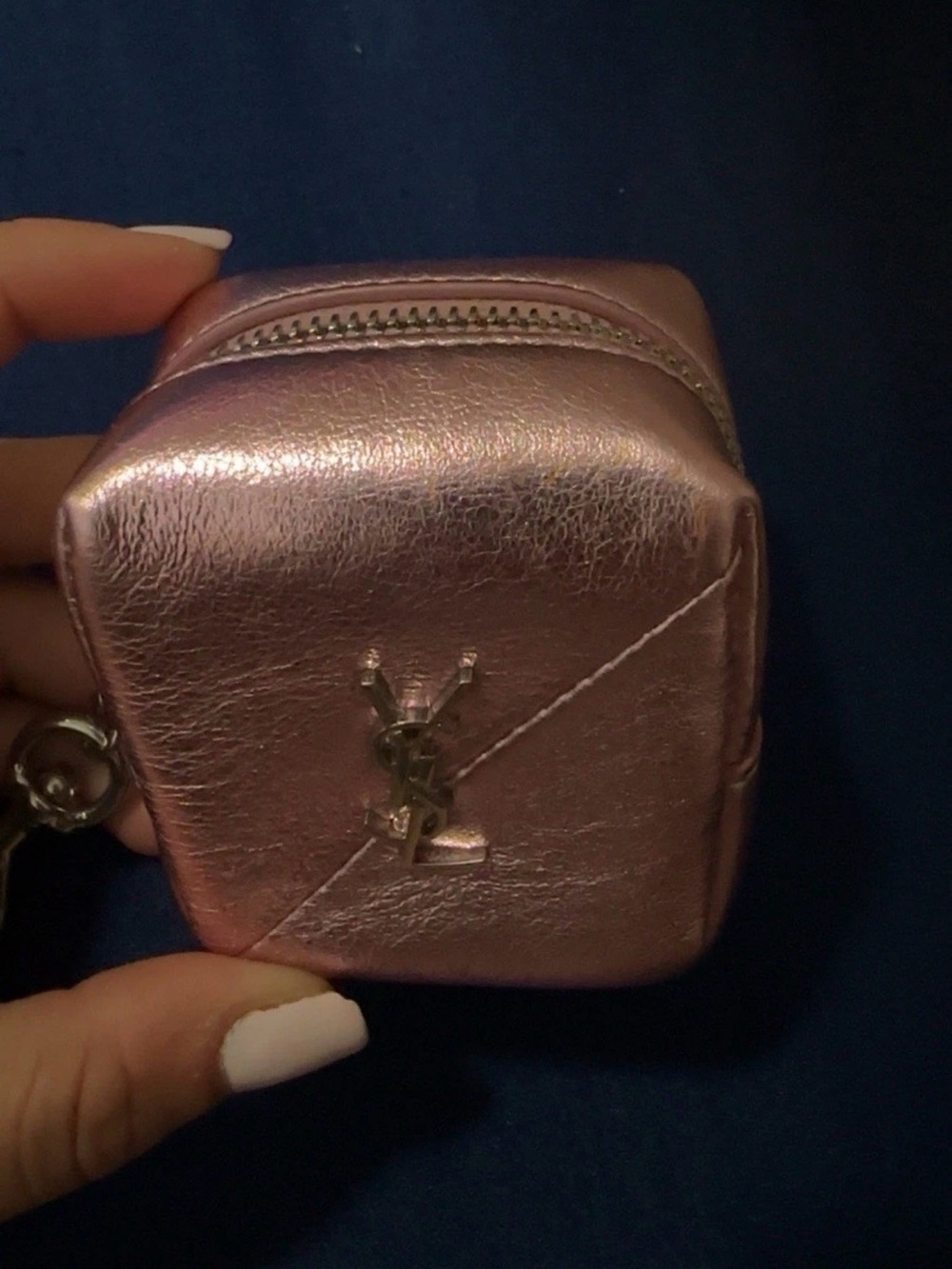 Saint Laurent YSL Jamie Cube Charm Pouch In Lamé Leather Metallic Pink - Picture 6 of 10